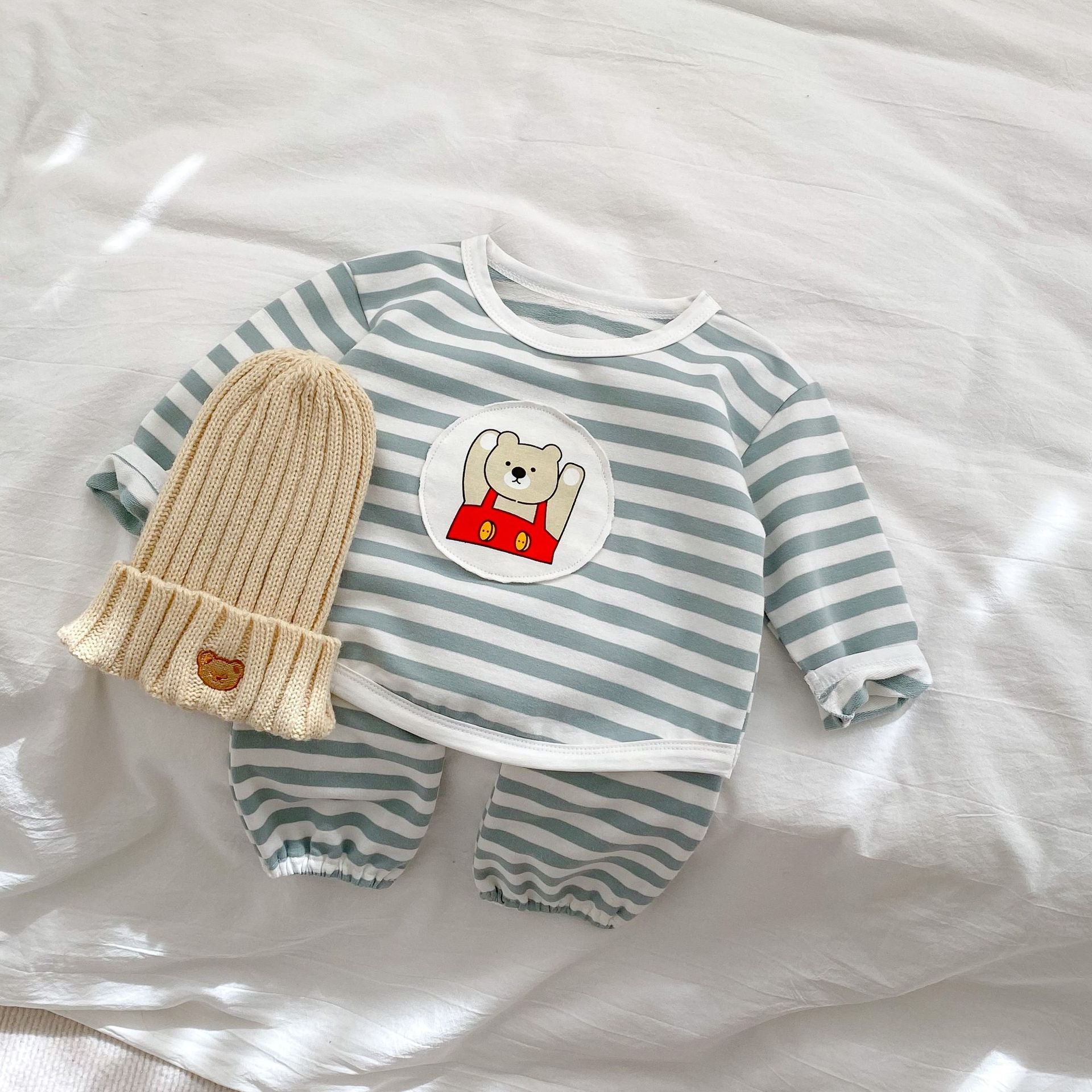 Baby Striped Pattern Cartoon Design Hoodies 2 Pieces Sets-1