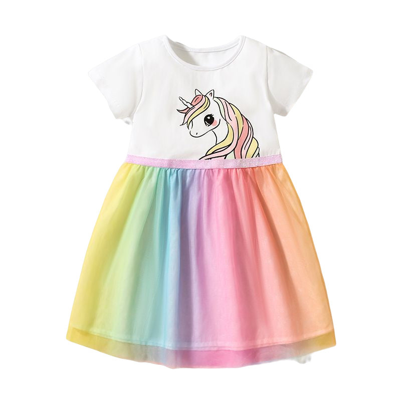 Baby Girls Short Sleeves Unicorn Printing Tulle Dress-0