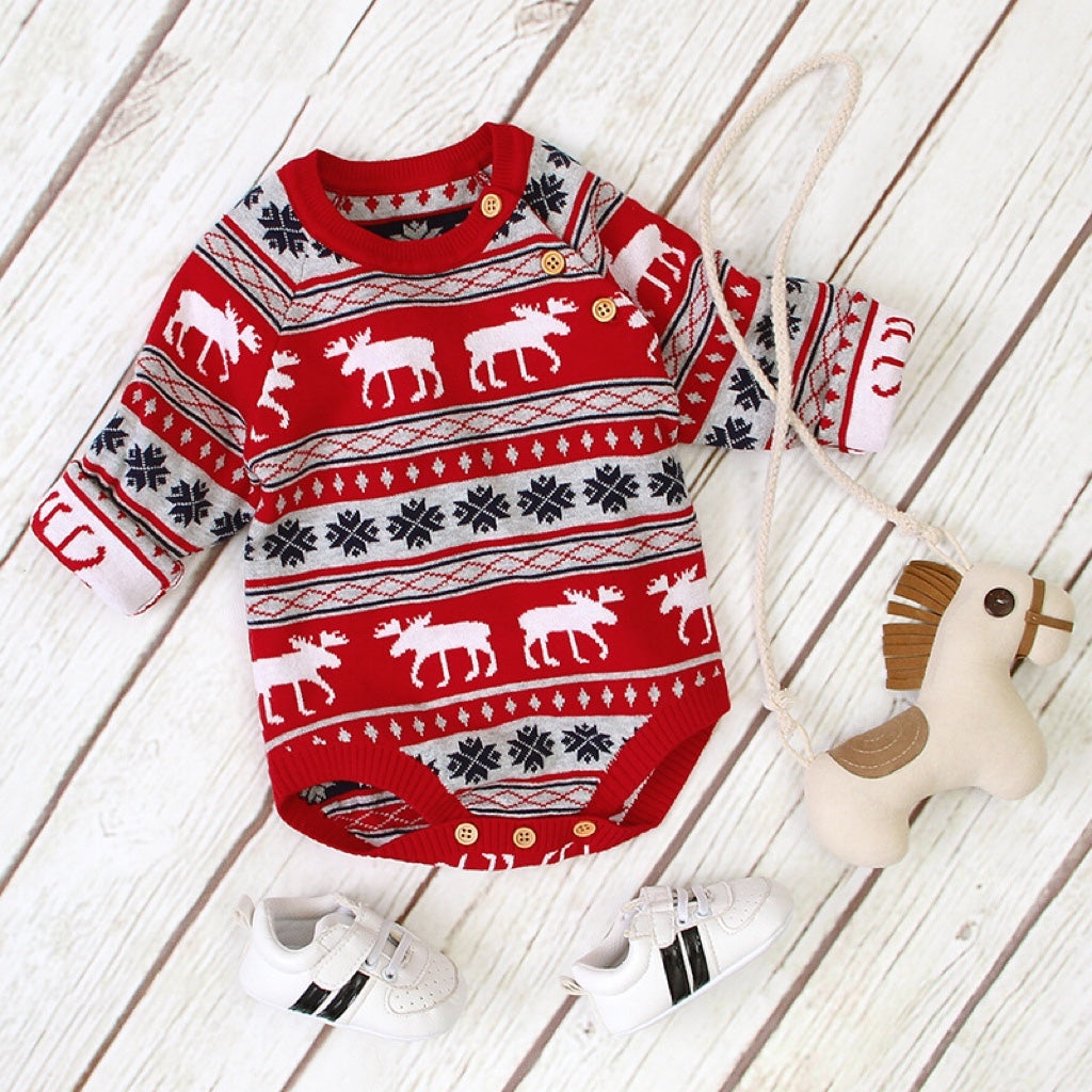 Baby Christmas Deer Pattern Shoulder Button Design Long Sleeved Onesies-0