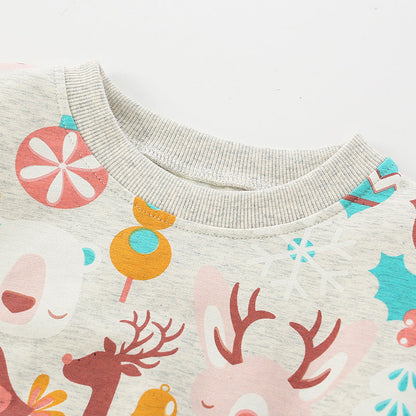 Baby Girl Deer Print Pattern O-Neck Fashion Hoodie-1