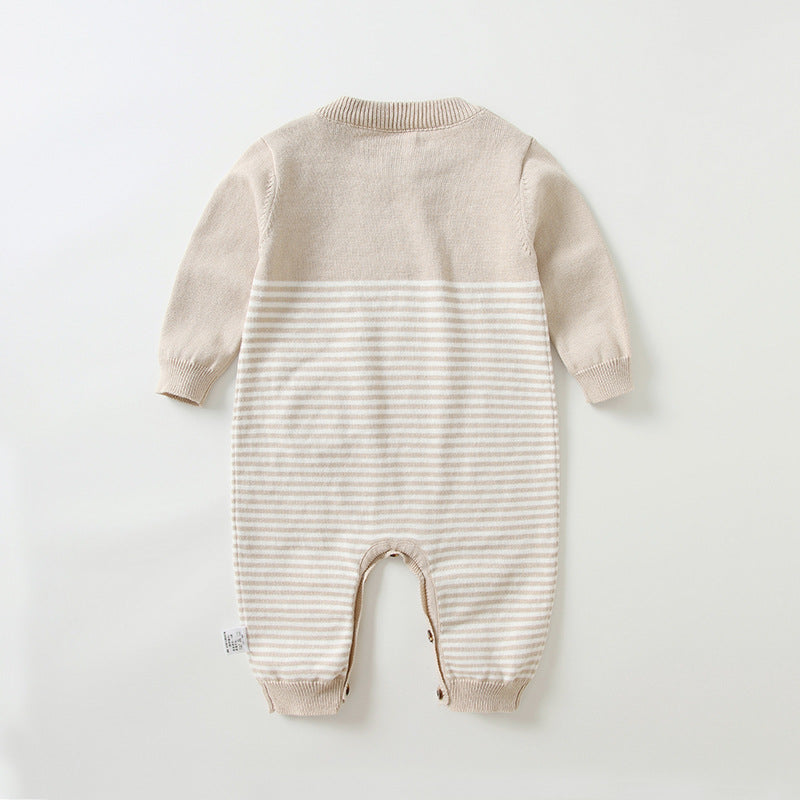 Baby Striped Knit Pattern Bear Patched Design Kintted Quality Romper-1