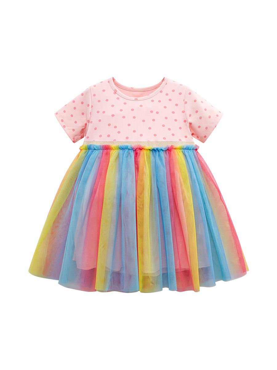 Spring And Summer Baby Girls Short Sleeves Polka Dots Rainbow Chiffon Dress-0