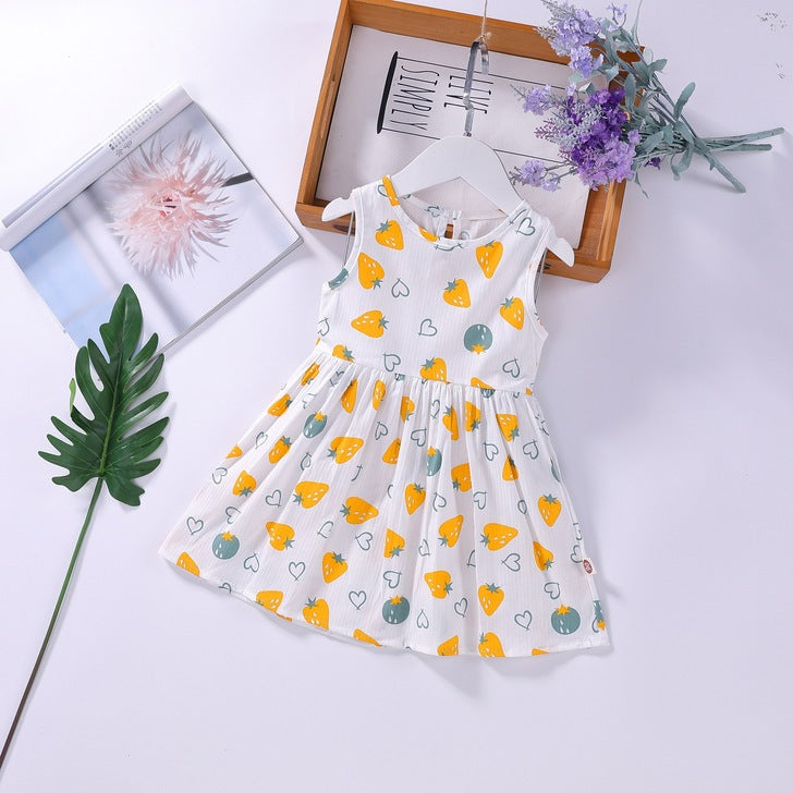 Baby Girls Floral Print Sleeveless Round Collar Dress In Summer-1