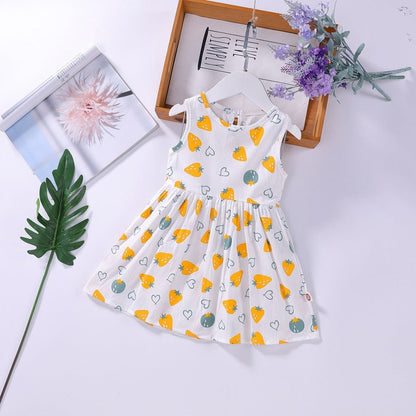 Baby Girls Floral Print Sleeveless Round Collar Dress In Summer-1