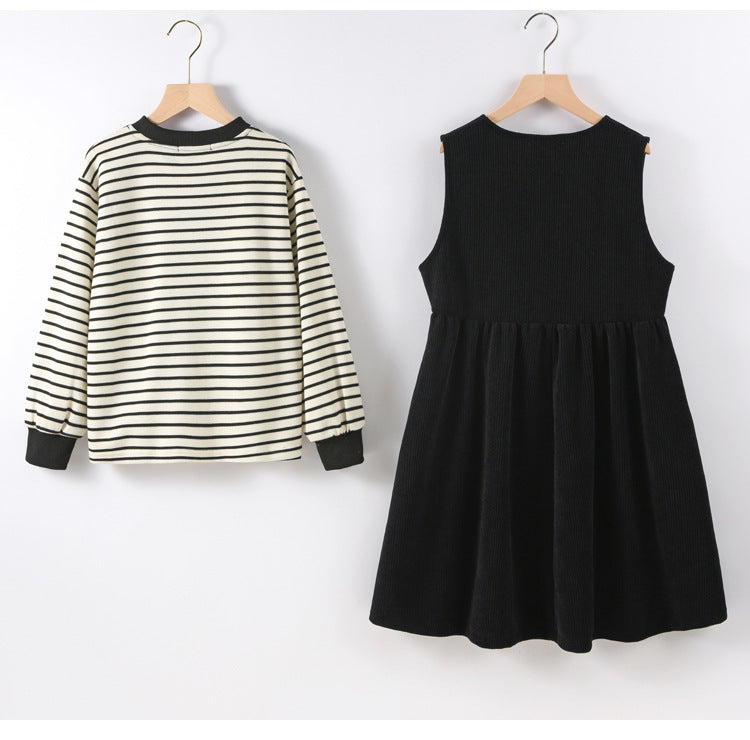 Girls Striped Pullover Tops Black Dress Sets-1