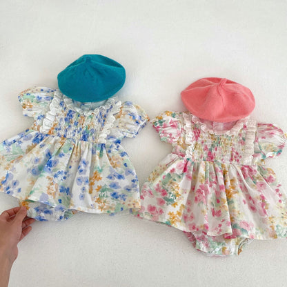 Baby Girl Floral Pattern Loose Summer Onesies Dress-0