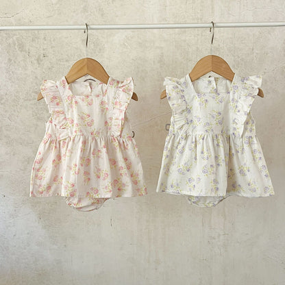 Summer New Arrival Baby Girls Plain Floral Sleeveless Square Neck Onesies-3