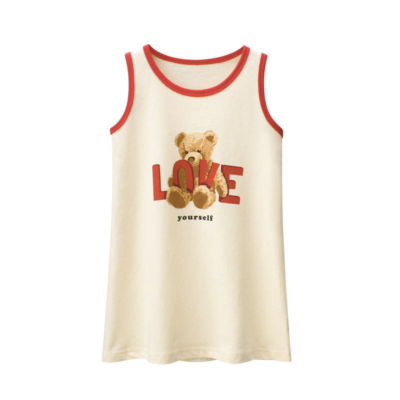 Baby Girl Bear Print Neck Color Matching Design Sleeveless T-Shirt In Summer-1