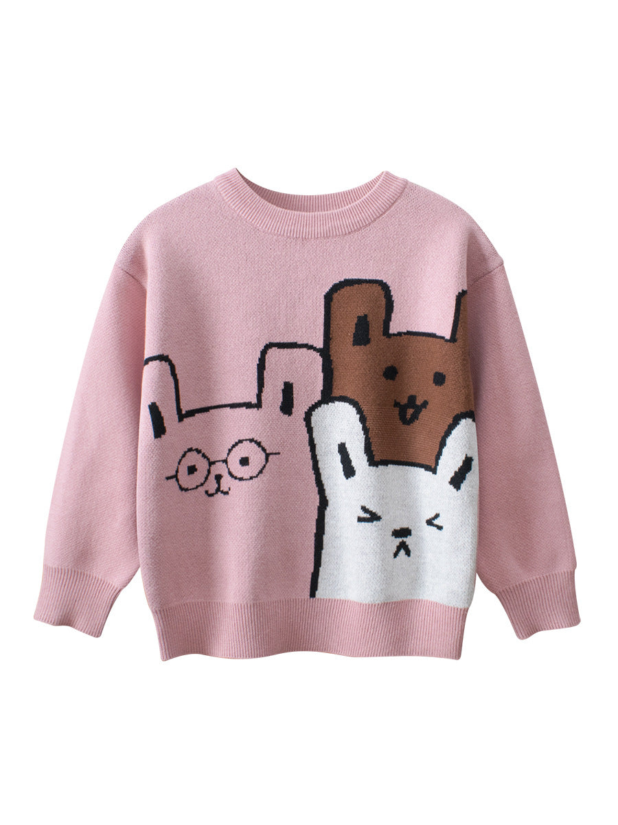 Baby Girls Kids Cute Animals Pattern Crew Neck Long Sleeves Knit Pullover-1