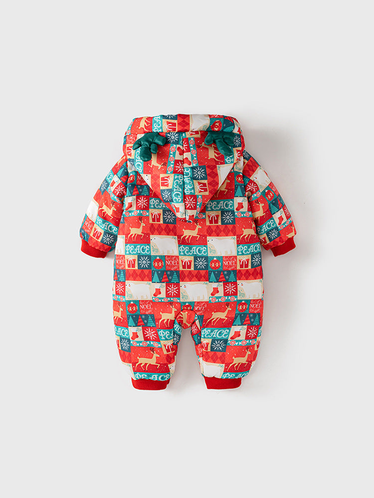 Winter Baby Christmas Red Plaid Patchwork Cartoon Thick Romper With Hood-1