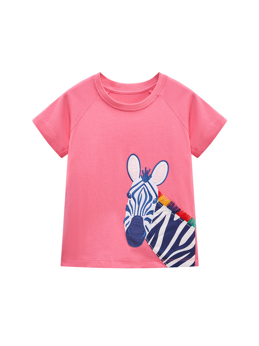 Cute Knit Round Neck Zebra Cartoon Girls’ T-Shirt In European And American Style For Summer-0