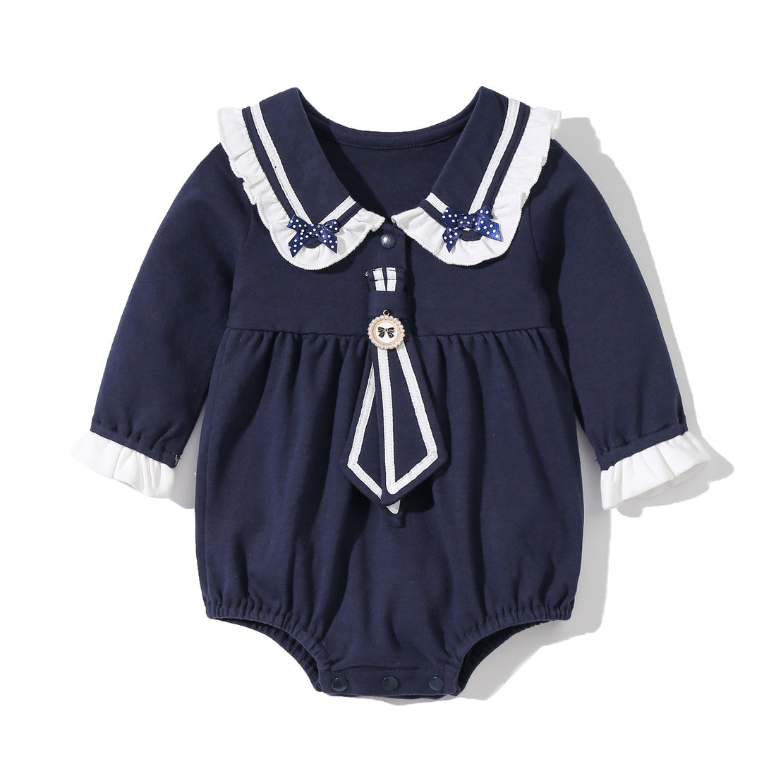 Baby Girl Solid Color Tie Dye Patched Design Doll Neck Sailor Style Onesies Bodysuit-1