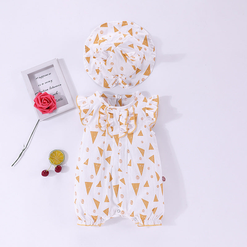 Baby Geometric Pattern Ruffle Design Sleeveless Rompers With Hat In Summe-1