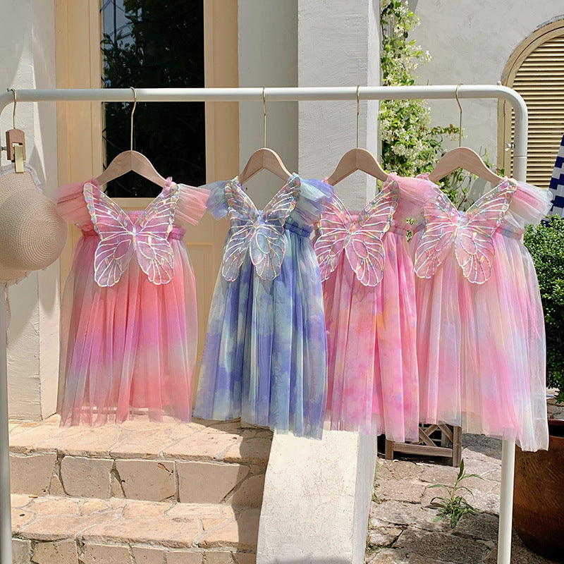 Summer Baby Kids Girls Gradient Fly Sleeves Butterfly Design Mesh Princess Dress-0