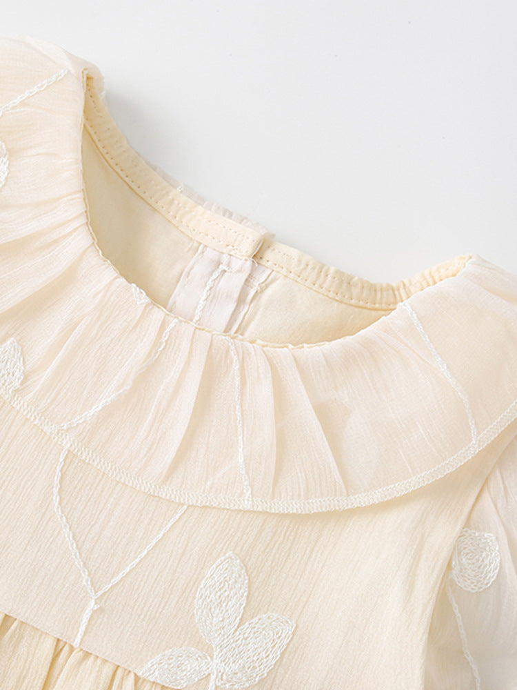 Summer New Arrival Girls’ Leaves And Vine Pattern Embroidery Short Sleeves Round Collar Dress-1