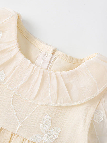 Summer New Arrival Girls’ Leaves And Vine Pattern Embroidery Short Sleeves Round Collar Dress-1