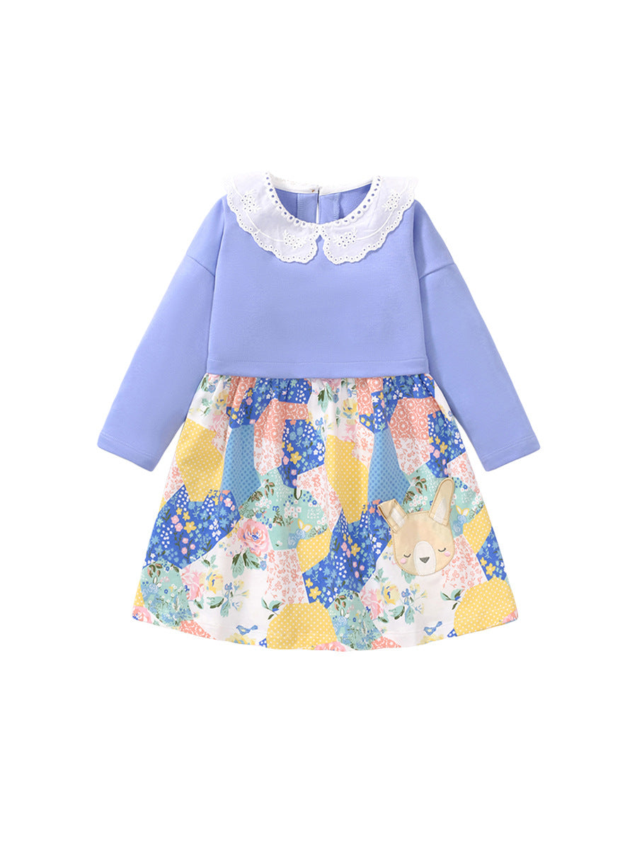 Spring Baby Grils Kids Long Sleeve Cartoon Patchwork Design Dress-0