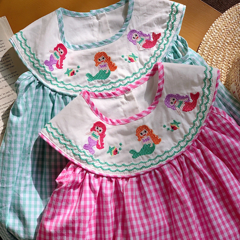 New Design Summer Baby Kids Girls Plaid Sleeveless Mermaid Embroidery Collar Dress-3