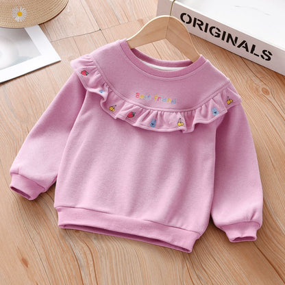 Baby Girl Fruit Embroidered Graphic Ruffle Design Corduroy Fabric Pullover Cute Hoodies-1