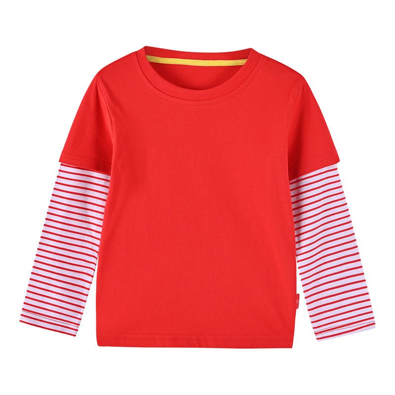 Boys And Girls Striped Sleeve Patchwork O-Neck Fake 2-Pieces Hoodie In Autumn-1