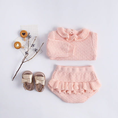 Baby Girl 1pcs Ruffle Neck Solid Shirts And Belted Triangle Shorts Fall Winter Knit Sets-0