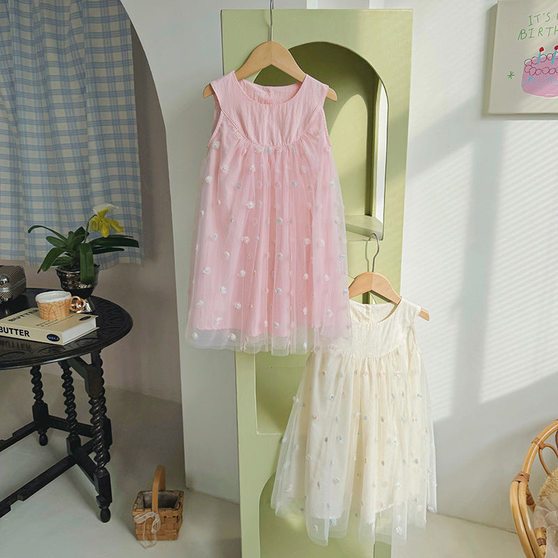 New Design Summer Kids Girls Sleeveless Rose Embroidery Mesh Dress-1