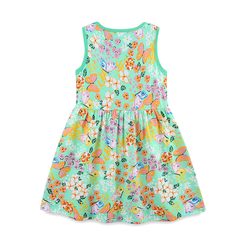 Summer Hot Selling Girls’ Flowers Pattern Butterfly Print Sleeveless Dress-1