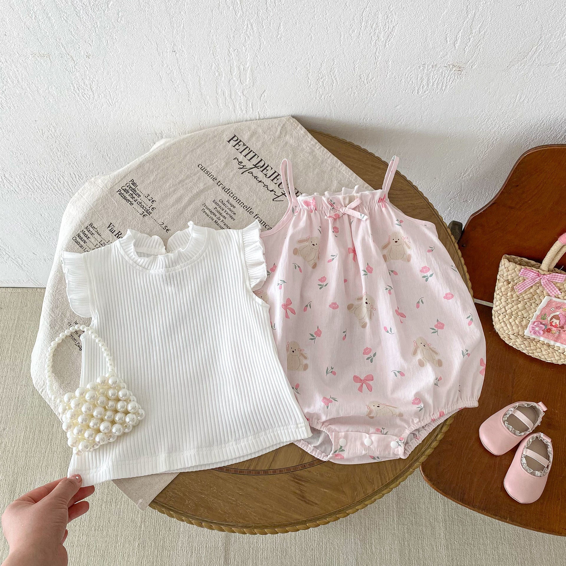 New Arrival Summer Baby Kids Girls Flowers Pattern Sleeveless Strap Onesies And White Fly Sleeves Elastic T-Shirt Set-2