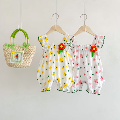 New Design Summer Baby Kids Girls Flowers And Stars Pattern Sleeveless Strap Romper-3