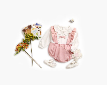 Baby Girl False 1 Pieces Design Petal Collar Design Bow Patched Bodysuit Onesies-1