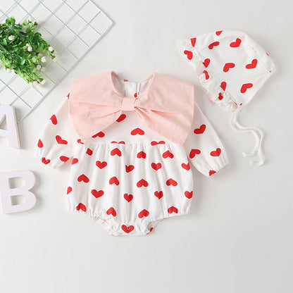 Baby Girl Heart Pattern Big Bow Tie Patched Design Triangle Onesies-1