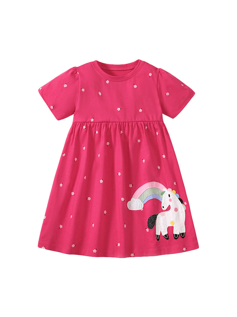 Spring And Summer Baby Girls Short Sleeves Rainbow Horse Floral Cartoon Dress-0