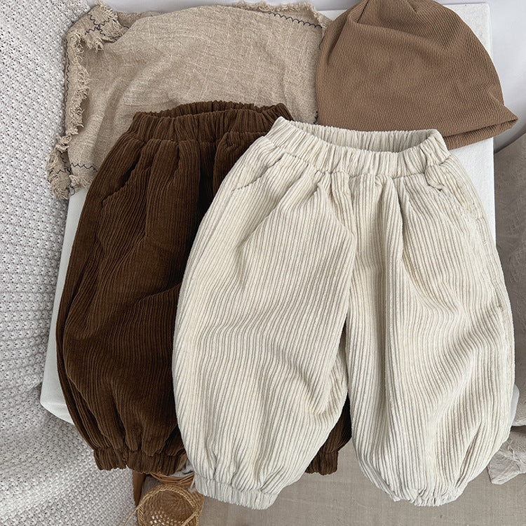 Baby Solid Color Corduroy Fabric Loose Lantern Pants In Autumn-0