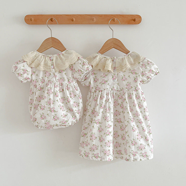 Summer Girls Floral Pattern Ruffle Collar Onesies And Girls’ Dress – Princess Sister Matching Set-1