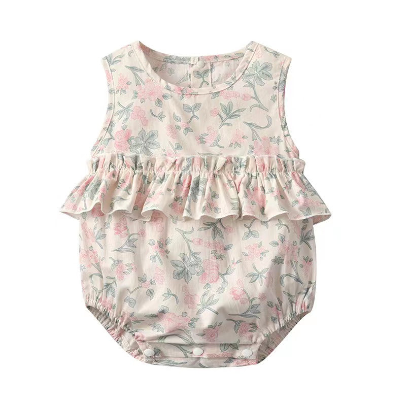 Baby Girl Floral Print Graphic Ruffle Design Sleeveless Onesies &amp; Headband-1