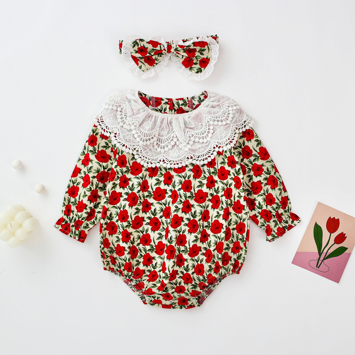 Baby Girl Flower Pattern Labeled Collar Design Long Sleeve Bodysuit-1