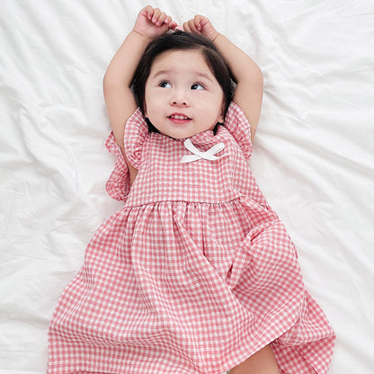 New Arrival Summer Baby Girls Plaid Fly Sleeves Dress With Bow-6