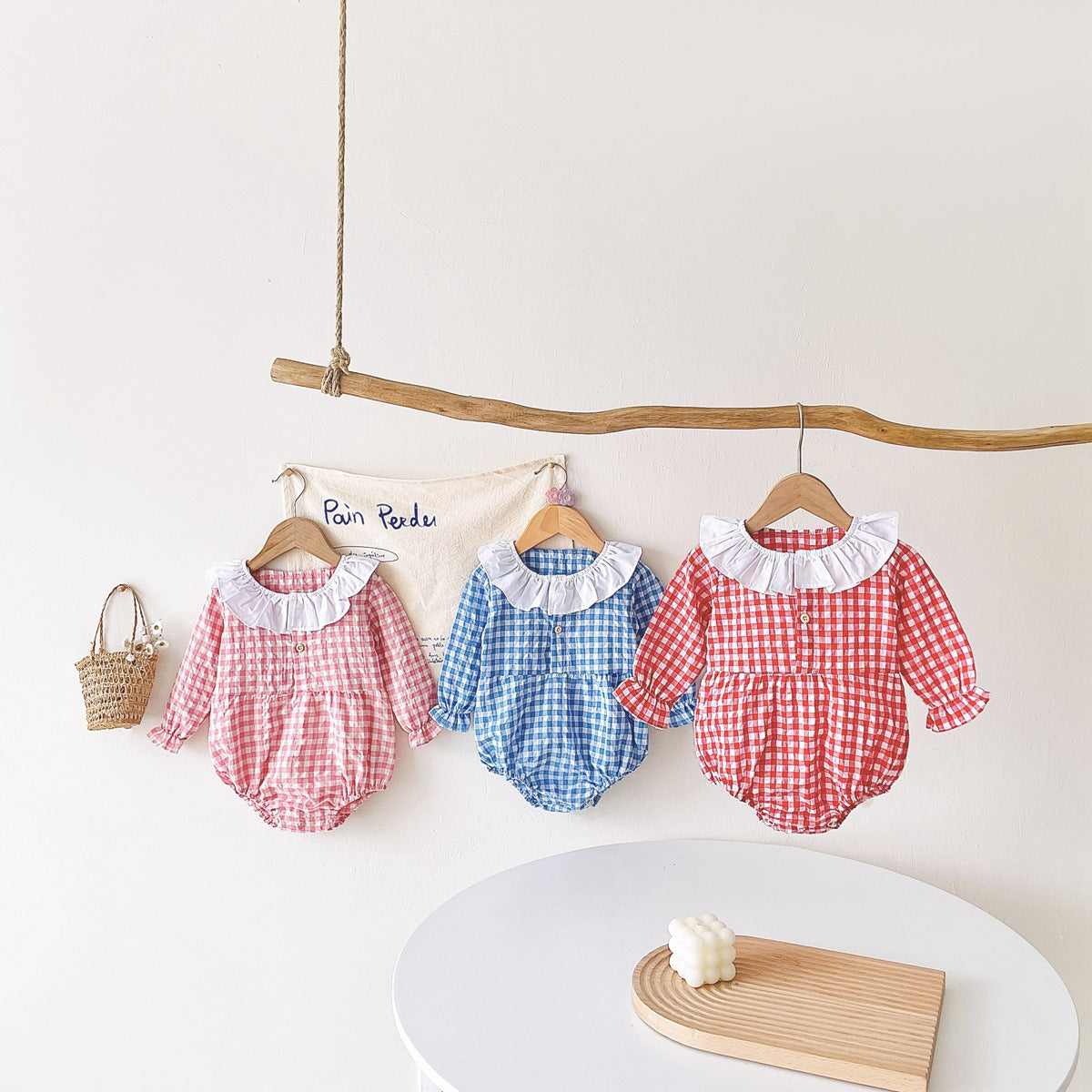 Baby Girl Plaid Pattern Ruffle Neck Design Triangle Sweet Onesies-0