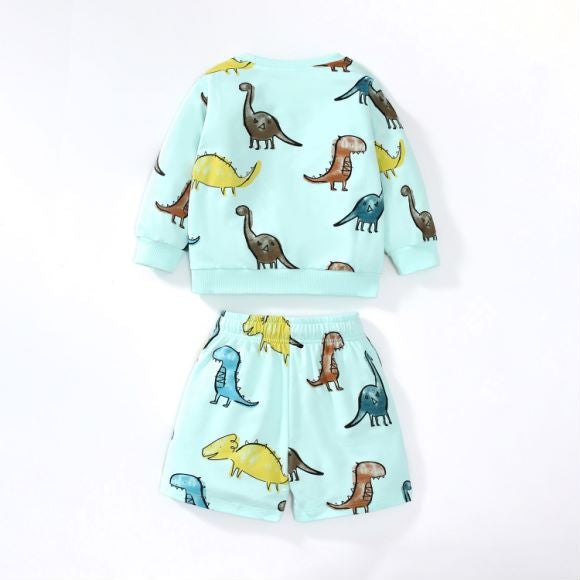 Baby Boy All Over Dinosaur Pattern Hoodie And Shorts Sets-1