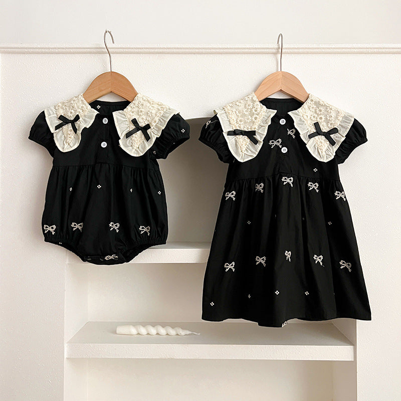 New Design Summer Baby Kids Girls Floral Pattern Collar Short Sleeves Bows Embroidery Onesies And Girls’ Dress – Princess Sister Matching Set-0