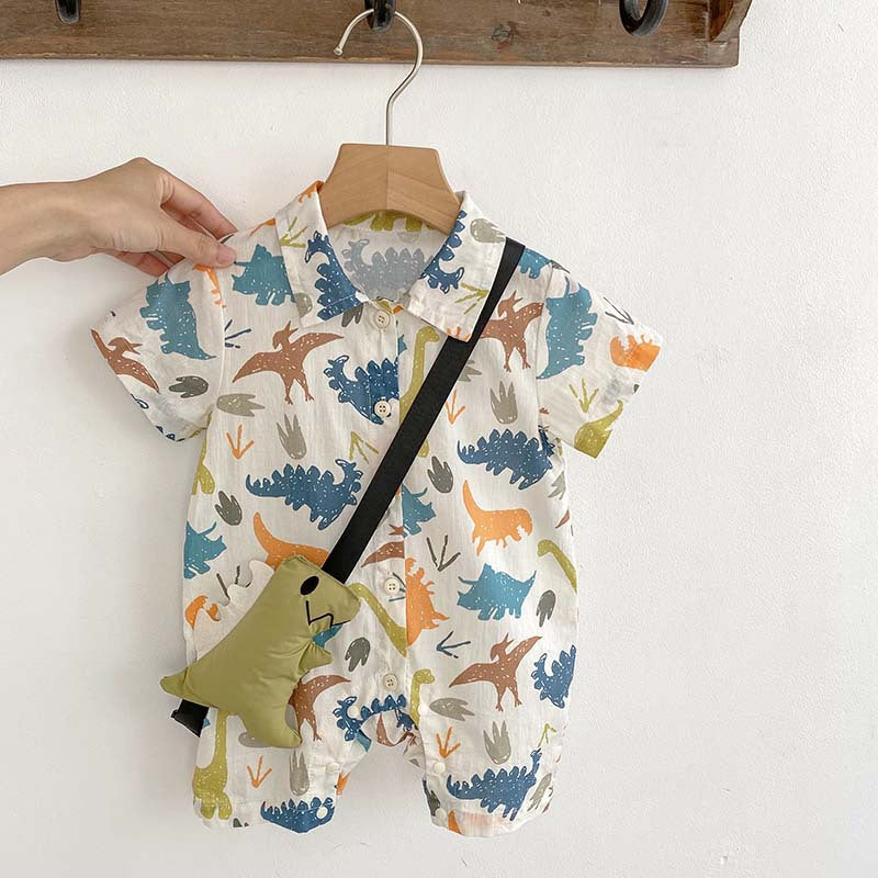 New Design Summer Baby Kids Unisex Cartoon Animals Pattern Turn-Down Collar Short Sleeves Romper-0