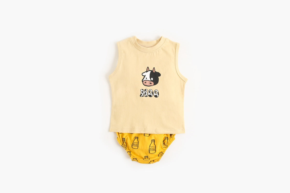 Baby Boy And Girl Animal Print Sleeveless T-Shirt Combo Shorts Sets-1