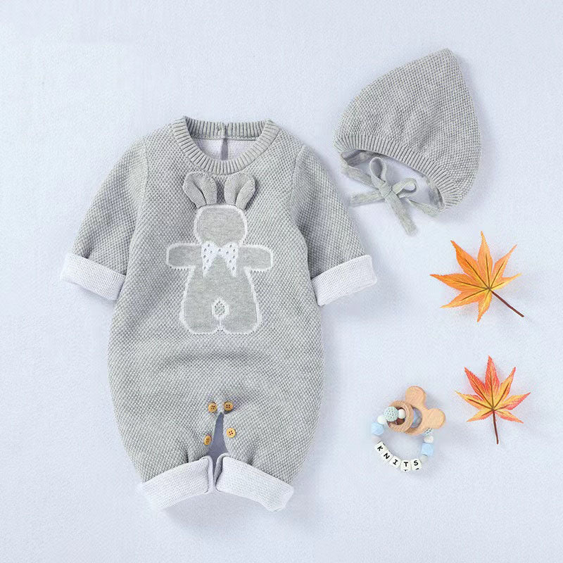 Baby Cartoon Bunny Embroidered Graphic Solid Warm Rompers With Hat-1