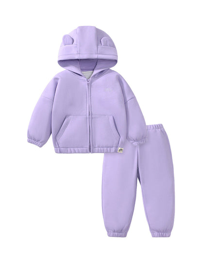 Girls Cozy Solid Color Rabbit Design Zip-Up Hoodie And Pants 2-Piece Set-0