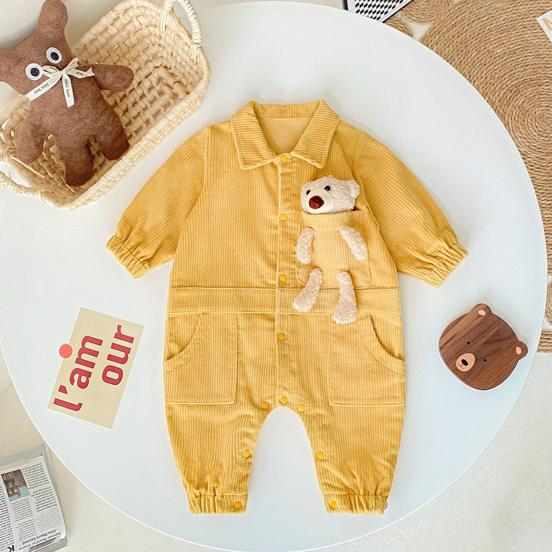 Baby 3D Cartoon Bear Patched Design Corduroy Fabric Button Front Romper-1