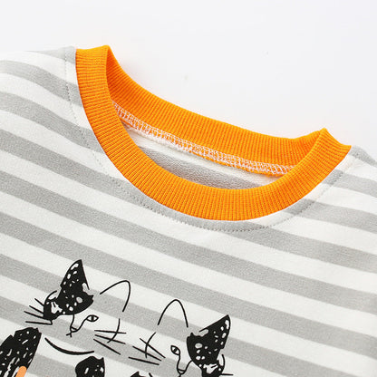 Baby Boy Cartoon Cat &amp; Striped Pattern Colormatching Design Hoodie-1