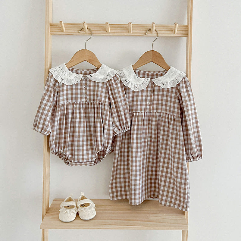 Doll Neck Plaid Pattern Long Sleeve Onesies-0