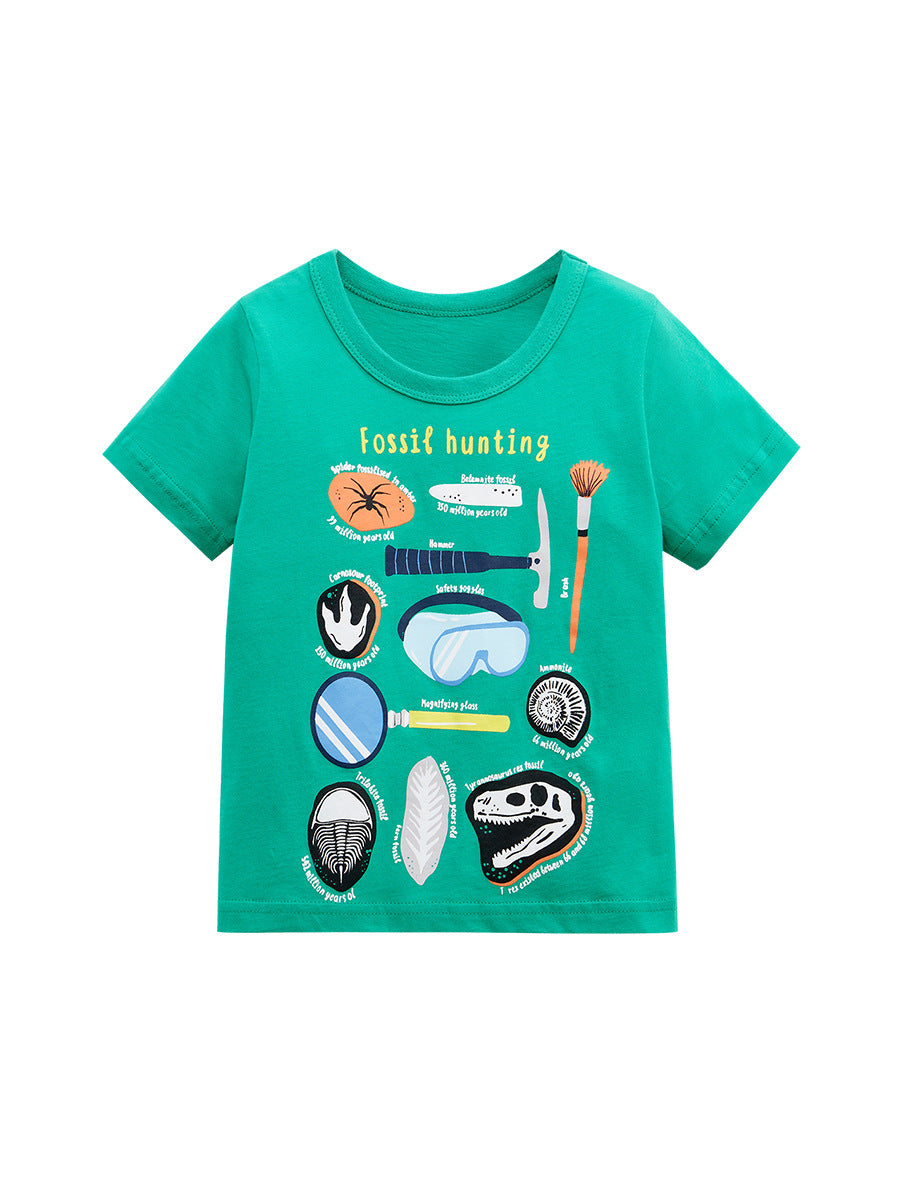 Round Neck Fossil Hunting Cartoon Boys’ T-Shirt In European And American Style For Summer-0