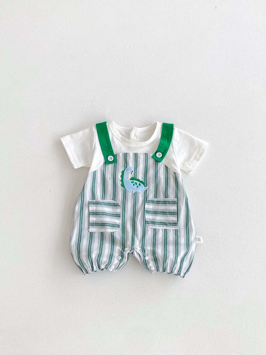 New Design Summer Baby Unisex Green Striped Sleeveless Overalls Onesies And Short Sleeves T-Shirt Clothing Set-1