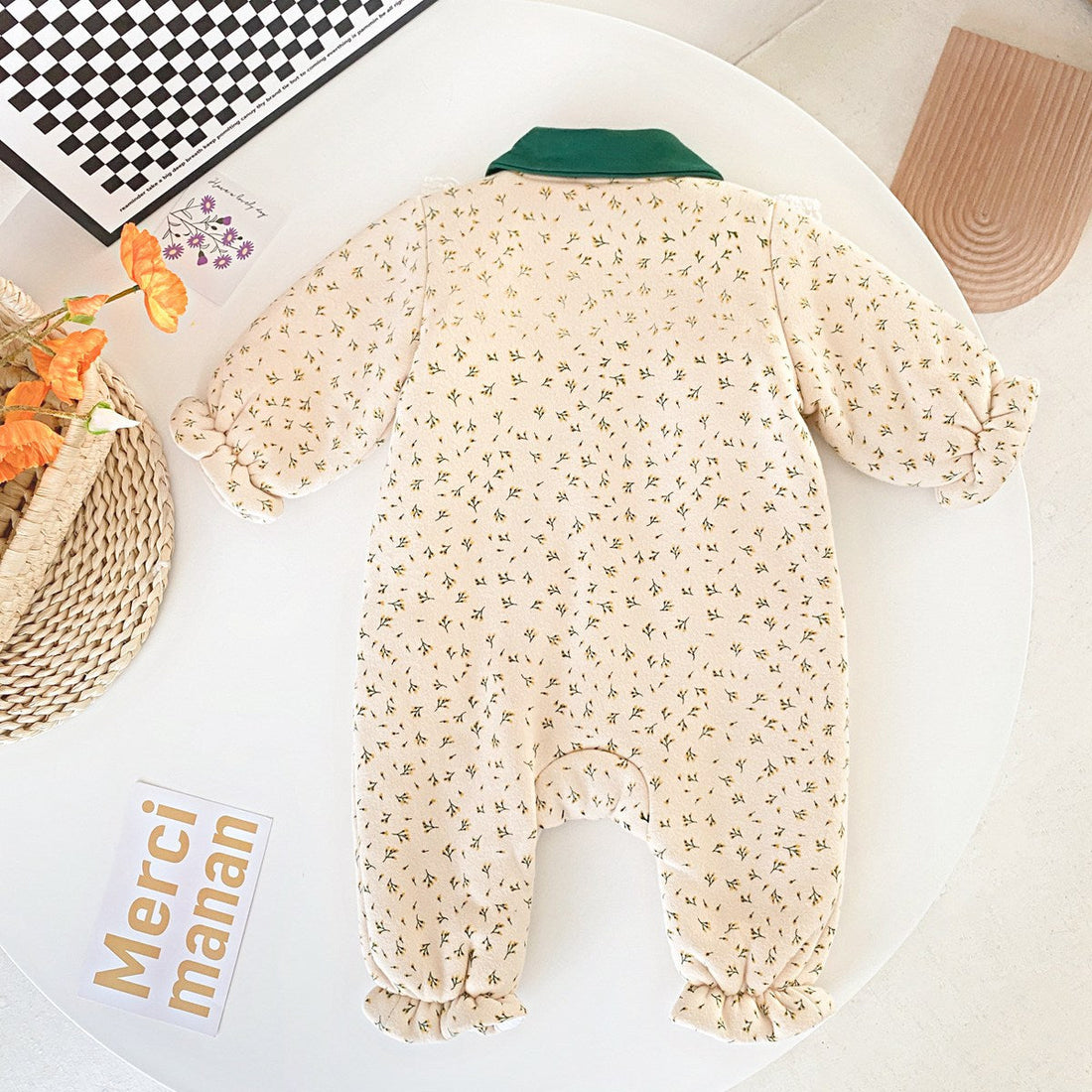 Baby Girl Flower Print Mesh Patchwork Fleece Thickened Romper-1